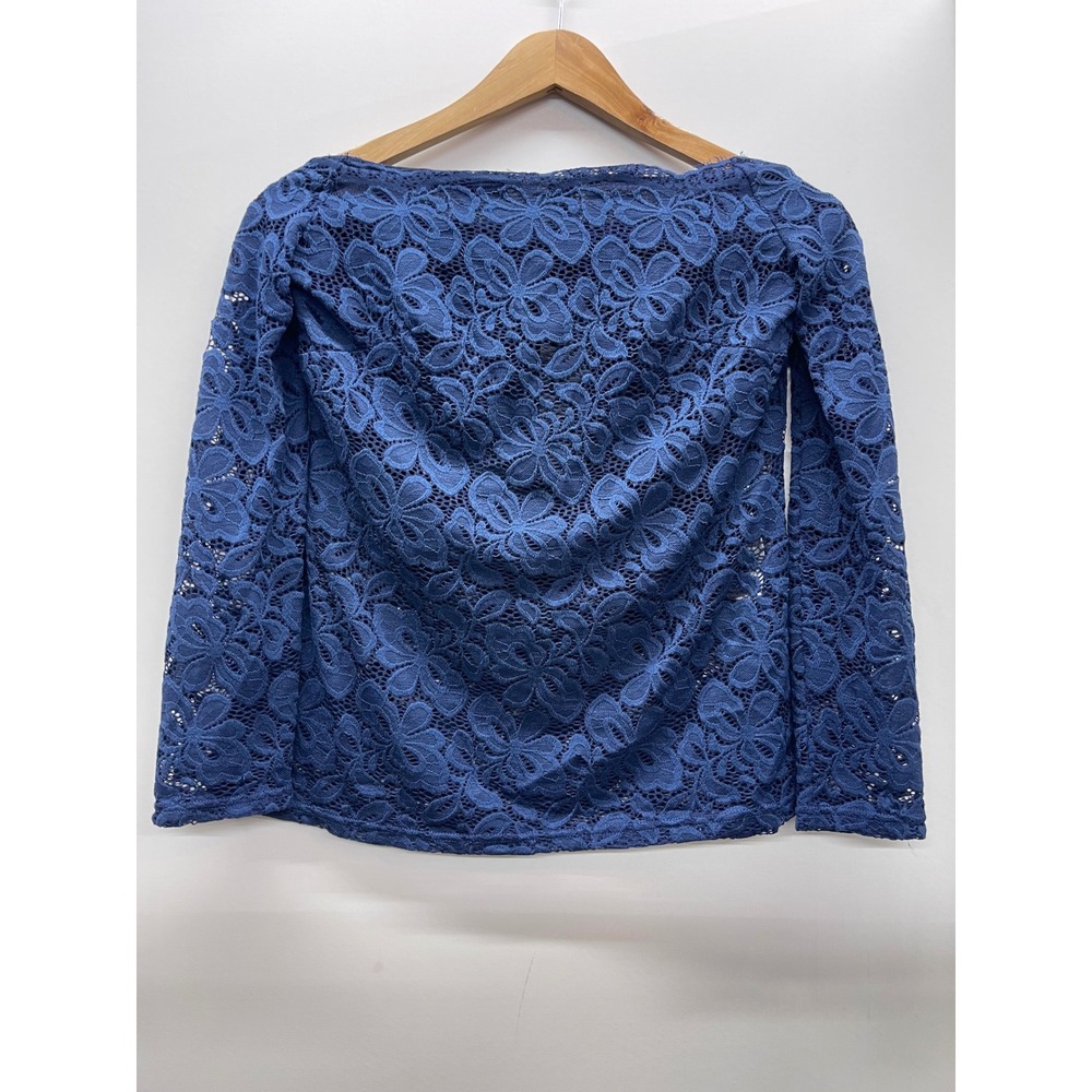 DJT Womens Navy Blue Floral Lace Boat Neck Long Sleeve Blouse Top Small‎ NWT
